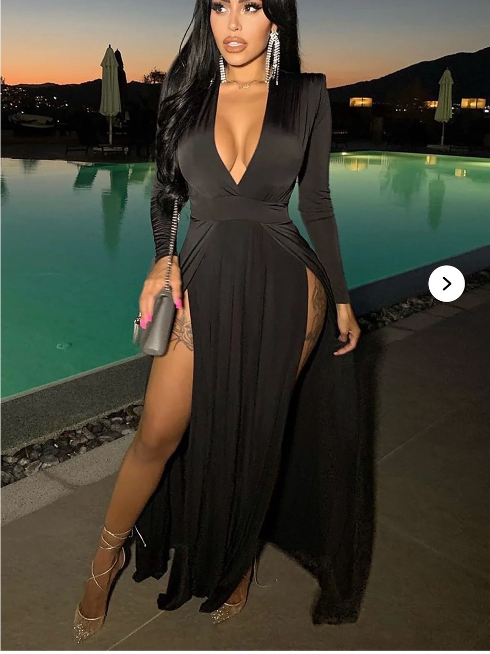 Fashion Nova Women’s Black Deep V Long Sleeve High Slit Evening Dress